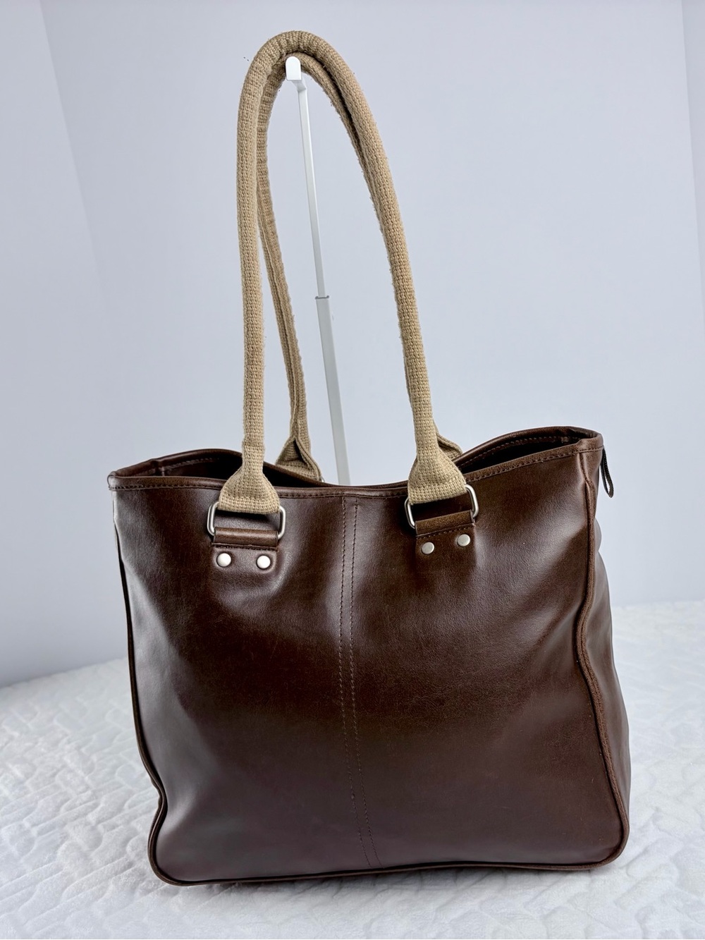 Vintage 90s Esprit chocolate brown shoulder bag tote with woven tan straps - Picture 2 of 11